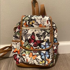 Tan Butterfly Print Bag with Leather-Like Trim